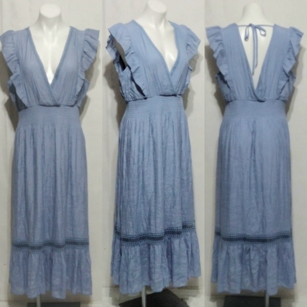 Kings Road XL Ruffled Sleeve Maxi Dress Smocked Waist Deep V-neck Coastal Chic